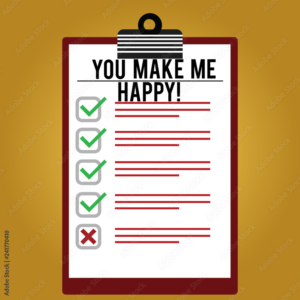 Text sign showing You Make Me Happy. Conceptual photo Something or Someone that gives pleasure and enjoyment Lined Color Vertical Clipboard with Check Box photo Blank Copy Space Text sign showing You Make Me Happy. Conceptual photo Something or Someone that gives pleasure and enjoyment Lined Color Vertical Clipboard with Check Box photo Blank Copy Space
