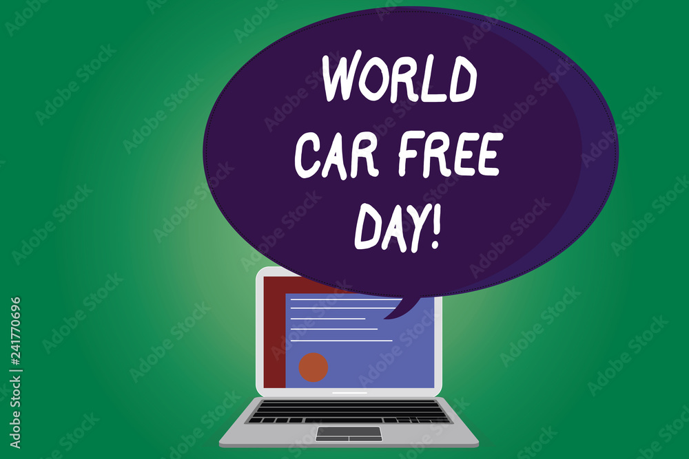 Text sign showing World Car Free Day. Conceptual photo Environment protection campaign avoid pollution Certificate Layout on Laptop Screen and Blank Halftone Color Speech Bubble Text sign showing World Car Free Day. Conceptual photo Environment protection campaign avoid pollution Certificate Layout on Laptop Screen and Blank Halftone Color Speech Bubble