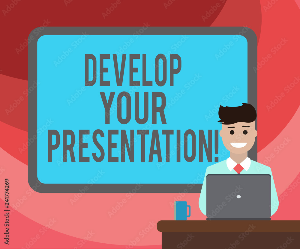 Text sign showing Develop Your Presentation. Conceptual photo improve the public speaking or giving a talk Blank Bordered Board behind Man Sitting Smiling with Laptop Mug on Desk Text sign showing Develop Your Presentation. Conceptual photo improve the public speaking or giving a talk Blank Bordered Board behind Man Sitting Smiling with Laptop Mug on Desk