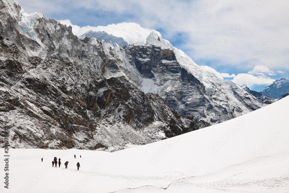 Climbers and sherpas at Cho La Pass. Trek to Everest base camp.