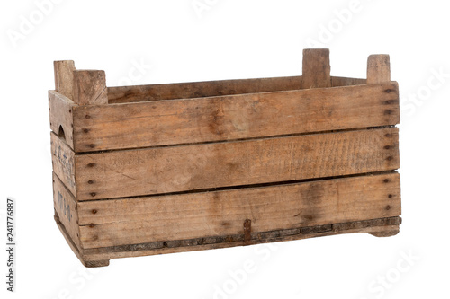 Old wooden box, crate, isolated on white. Front view, slight angle, empty.