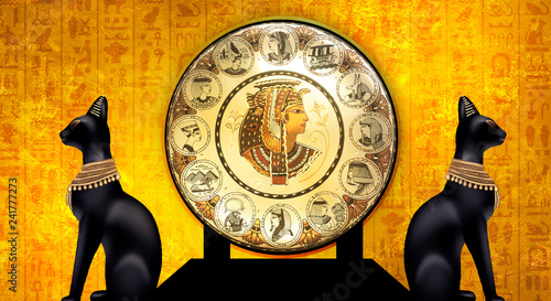 Fotografie Egyptian asbstract background, goddess of Egypt Bastet, abstract golden backgrou