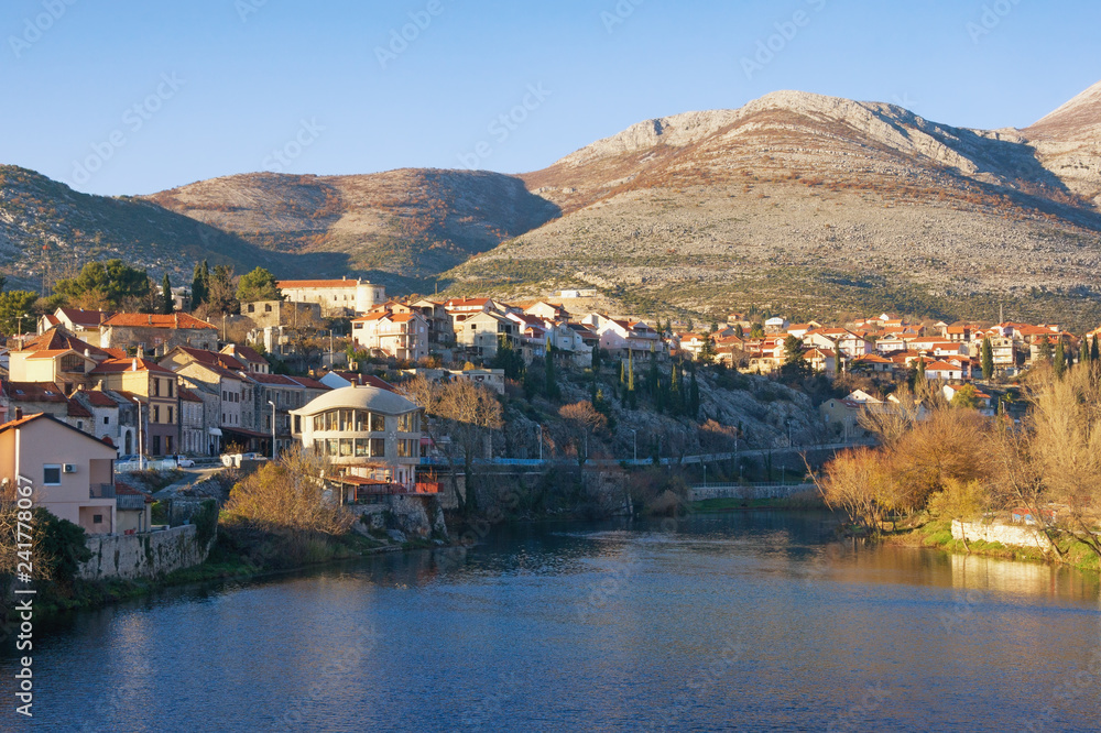 Winter view of Trebisnjica river and ancient town of Trebinje.  Bosnia and Herzegovina