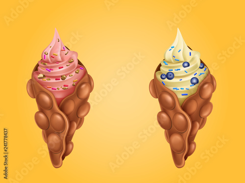 Vector realistic set of Hong Kong egg bubble waffles. Dessert filled with whipped pink cream or ice-cream, decorated by fresh blueberries and caramel slices. Appetizing street food, sweet bakery.