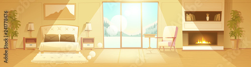Vector cartoon interior of cozy hotel bedroom with furniture - double bed, carpet and fireplace. Living apartment of winter resort with window - snowy mountains outside. Colorful background.