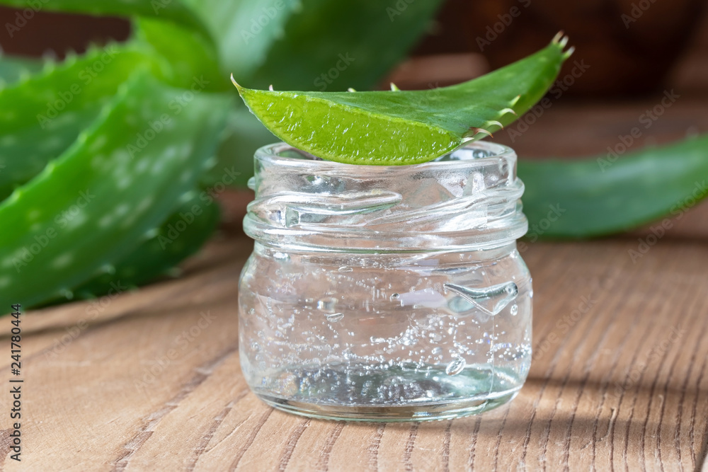 Aloe vera gel in a glass jar with fresh aloe vera leaf Stock Photo | Adobe  Stock