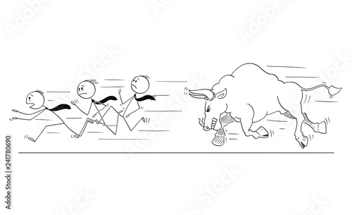 Cartoon stick drawing conceptual illustration of group of businessmen running away from angry bull as rising market prices symbol.