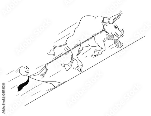 Cartoon stick drawing conceptual illustration of bull as rising market prices symbol pulling happy businessman on rope.