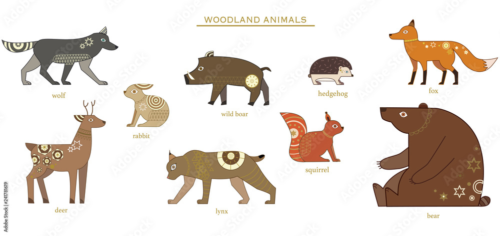 Vector bright illustration of cute forest animals. Decorative vector elements on the white isolated background.