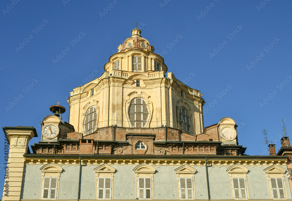 View of the dome of the Royal Church of Saint Lawrence (Real Chiesa di San Lorenzo), a Baroque-style church in Turin, adjacent to the Royal Palace, designed by Guarino Guarini in 1668-1687