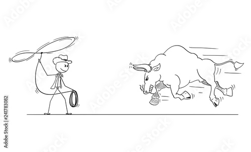 Cartoon stick drawing conceptual illustration of cowboy trying to catch running angry bull with thrown lasso or rope.