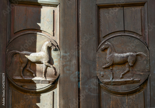 Detail of an ancient wooden door inside the Cavallerizza Reale (Royal Riding School), an architectural work begun by Amedeo of Castellamonte and finished by Benedetto Alfieri in 1741