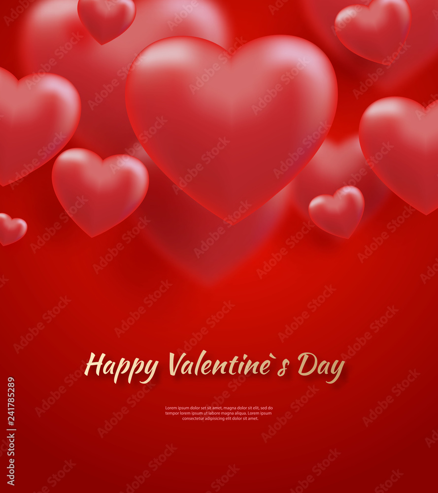 Red valentine s day background with 3d hearts on red. Vector illustration Cute love banner or postcard.