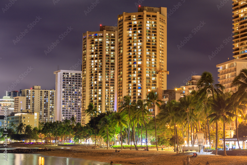 Honolulu skyline with Waikiki beach, hotels building at sunset, Hawaii Honolulu skyline with Waikiki beach, hotels building at sunset, Hawaii