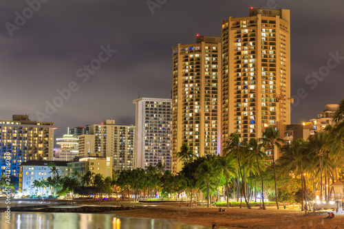 Honolulu skyline with Waikiki beach  hotels building at sunset  Hawaii