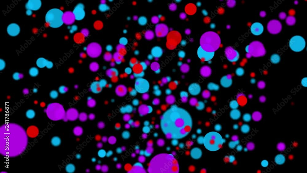 Multicolored round particles fly on a black background. abstract looped animation. 3d rendering Multicolored round particles fly on a black background. abstract looped animation. 3d rendering