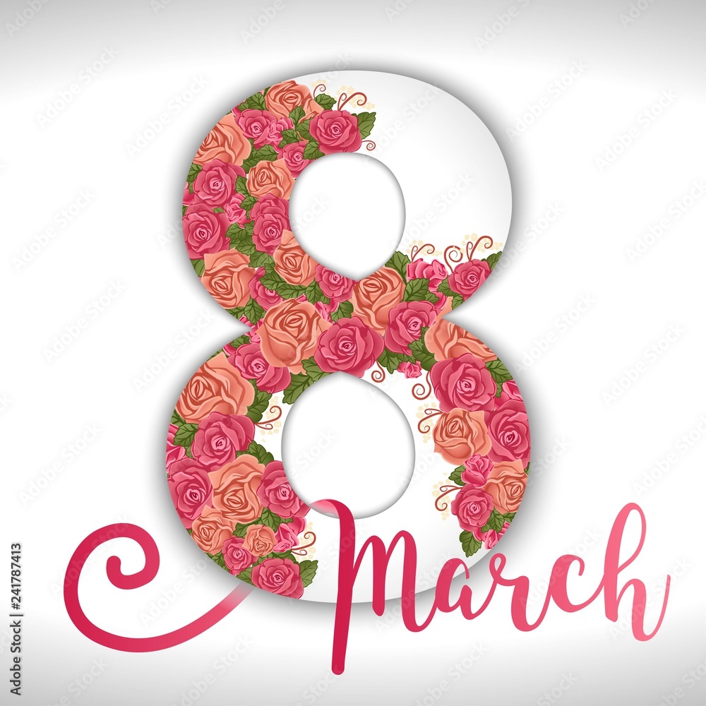 March 8 postcard paper figure with flowers and inscription on white background March 8 postcard paper figure with flowers and inscription on white background