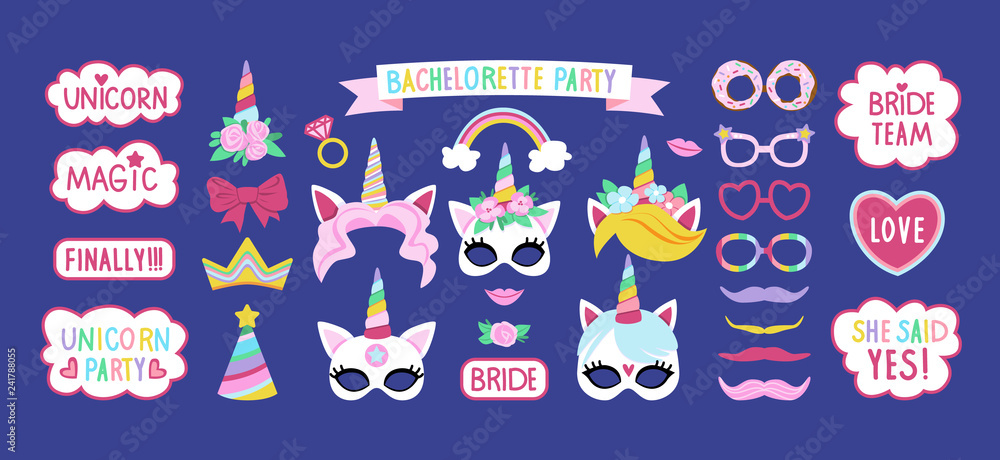 Collection of photo booth props for bachelorette unicorn party. Cute vector design.