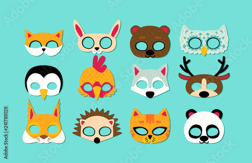 Collection of wild animals photo booth props for kids. Cute cartoon masks and elements for a party.