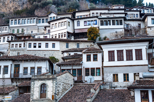 traditional ottoman houses in Berat  (mangalem district) with hiditional ottoman houses in Berat  (mangalem district) with his thousand windows.  An UNESCO world heritage site in Albania. © Giuma