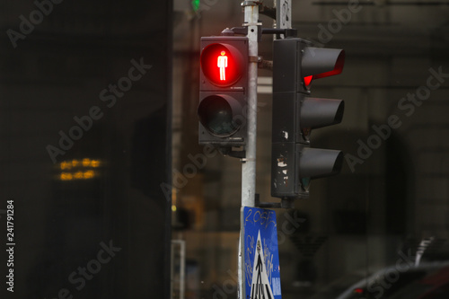 Red traffic light for pedestrians and red for cars