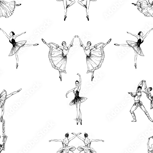 Seamless pattern of hand drawn sketch style abstract ballet dancers isolated on white background. Vector illustration.