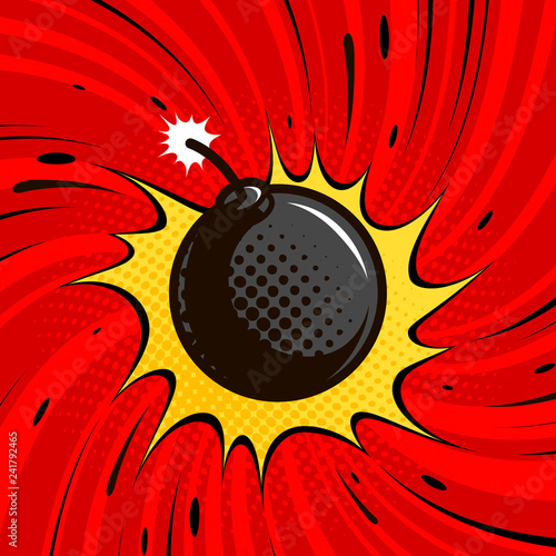 Comic bomb explodes. Dynamite, round cannonball with fire. Cartoon vector illustration