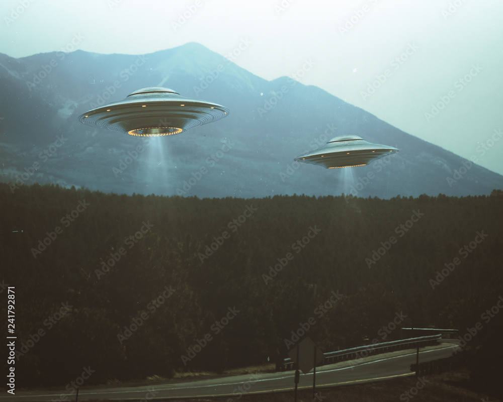 Unidentified flying object. Two UFOs flying over a road among the trees. 3D illustration retro photo vintage. Noise and defects of old photo film.