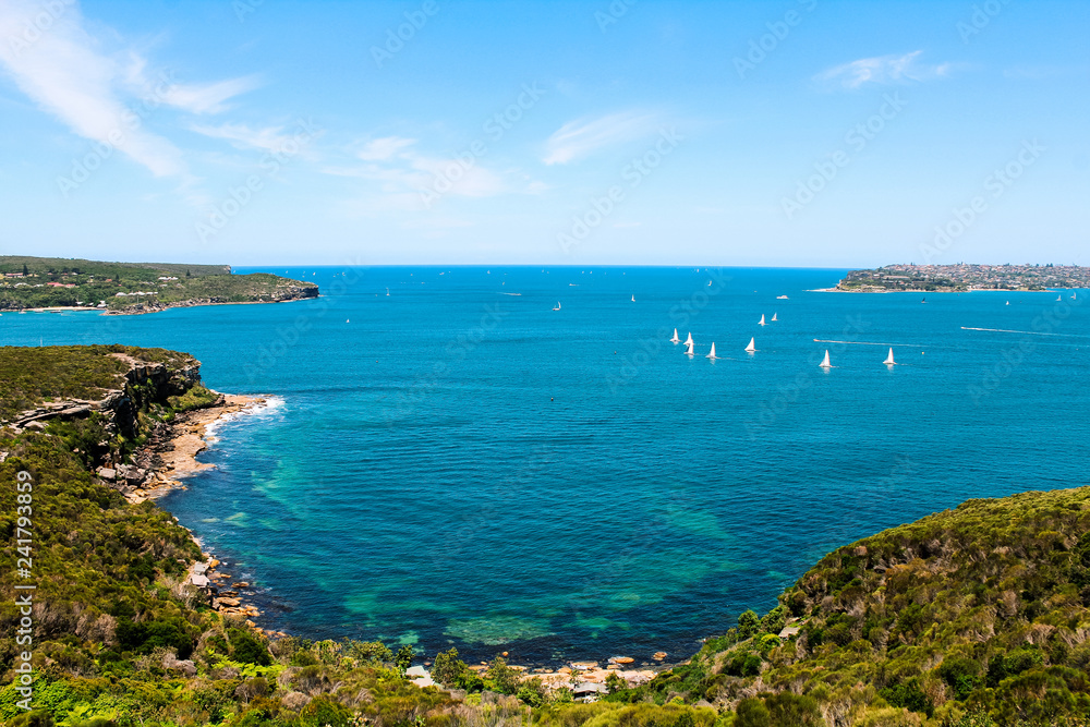 Manly Beach coastal walk with view on Watson Bay in Sydney with yacht sailing and azure clear water in summer (Sydney, Australia) Manly Beach coastal walk with view on Watson Bay in Sydney with yacht sailing and azure clear water in summer (Sydney, Australia)