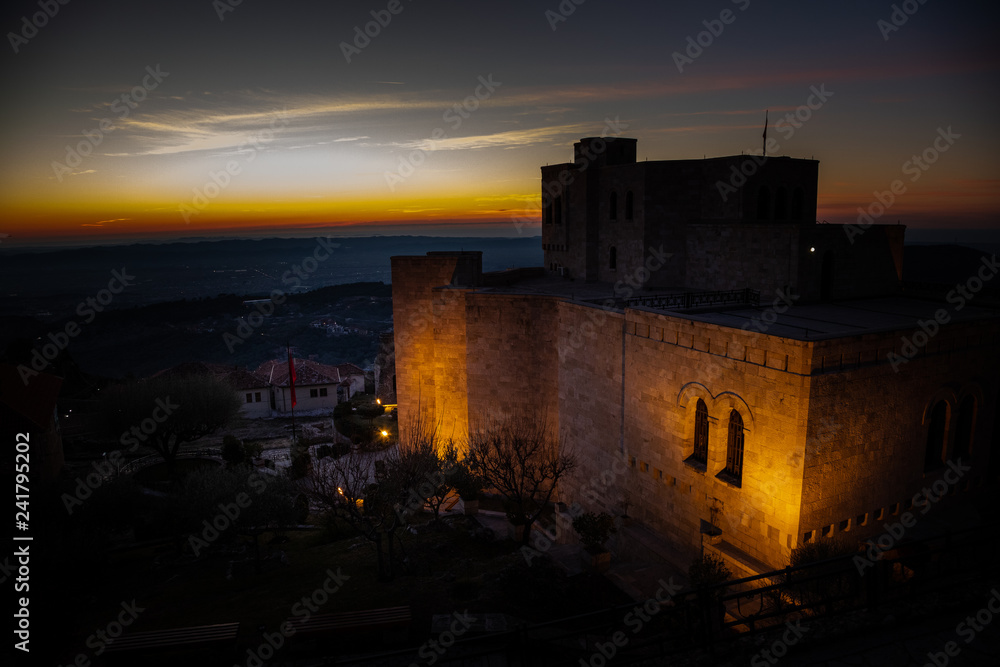 Fototapeta premium Kruje, Albania - January 1 2018: The Skanderbeg Museum in Kruja, Albania. The building of George Castriot ( Skanderbeg ) - national albanian hero. Kruje Castle and fortres