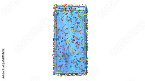 Smartphone covered with germs, bacteria, viruses, microbes. 3d rendering. High bacterial population. White background  photo