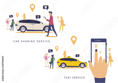 Taxi online vector illustration advertising poster of isometric car. Taxi service design of yellow car,Car sharing service advertising w. A man with a smartphone standing near the car. Modern landing 