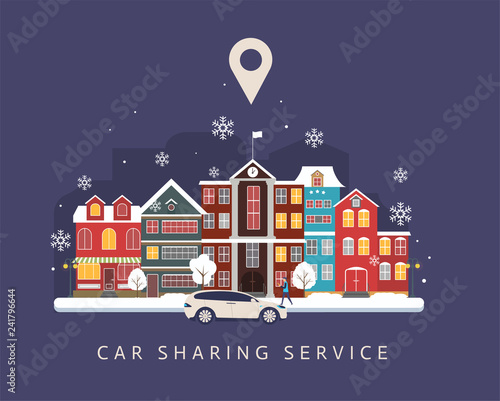 Car sharing service advertising w. A man with a smartphone standing near the car. Modern landing pagewith colorful illustration. 