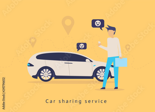 Car sharing service advertising w. A man with a smartphone standing near the car. Modern landing pagewith colorful illustration. 