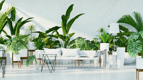 Botanical interior - Tropical design living room / 3D render image
