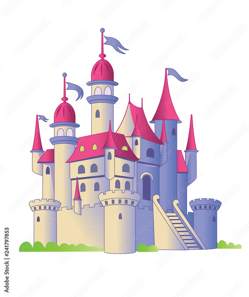 Fairy tale castle on a white background. Illustration of a child. Vector
