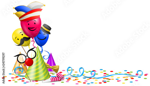 Karneval Fasching Vektor mit Konfetti, Luftballons und Partyhut