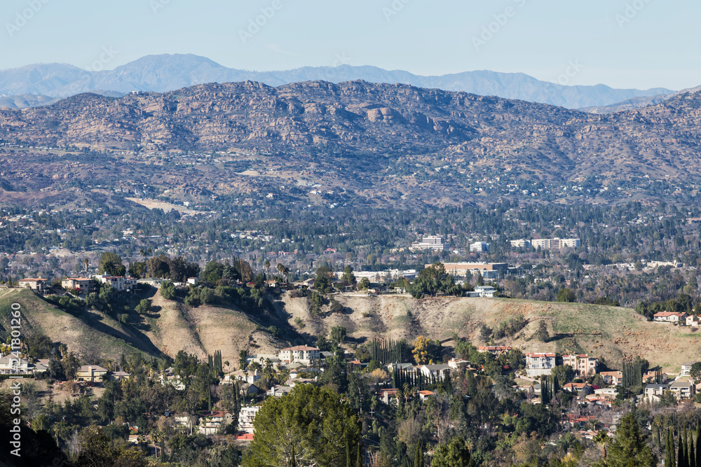Clear view of Woodland Hills, West Hills, San Fernando Valley and the Santa Susana Mountains in Los Angeles, California.  