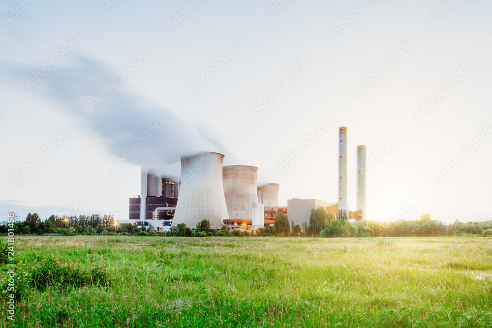 Kraftwerk mit qualmenden Türmen mit Wiese im Vordergrund Kraftwerk mit qualmenden Türmen mit Wiese im Vordergrund