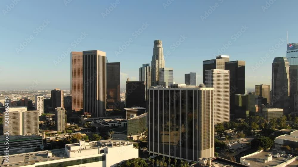 Los Angeles Downtown Financial District Aerial Establish Shot Sunset Los Angeles Downtown Financial District Aerial Establish Shot Sunset