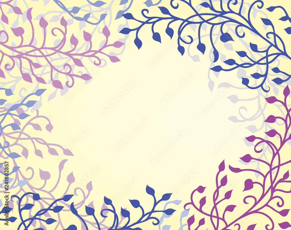 ivy vine border on beige background vector with floral leaves and curls design elements that are editable in soft romantic purple pink and blue on yellow
