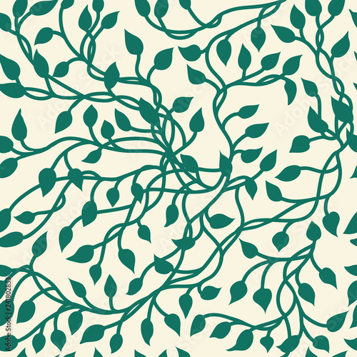 Gorgeous ivy vine vector in a seamless wallpaper pattern, pretty leaves in elegant hand drawn illustration, nature background for floral designs in green on a vintage light yellow color