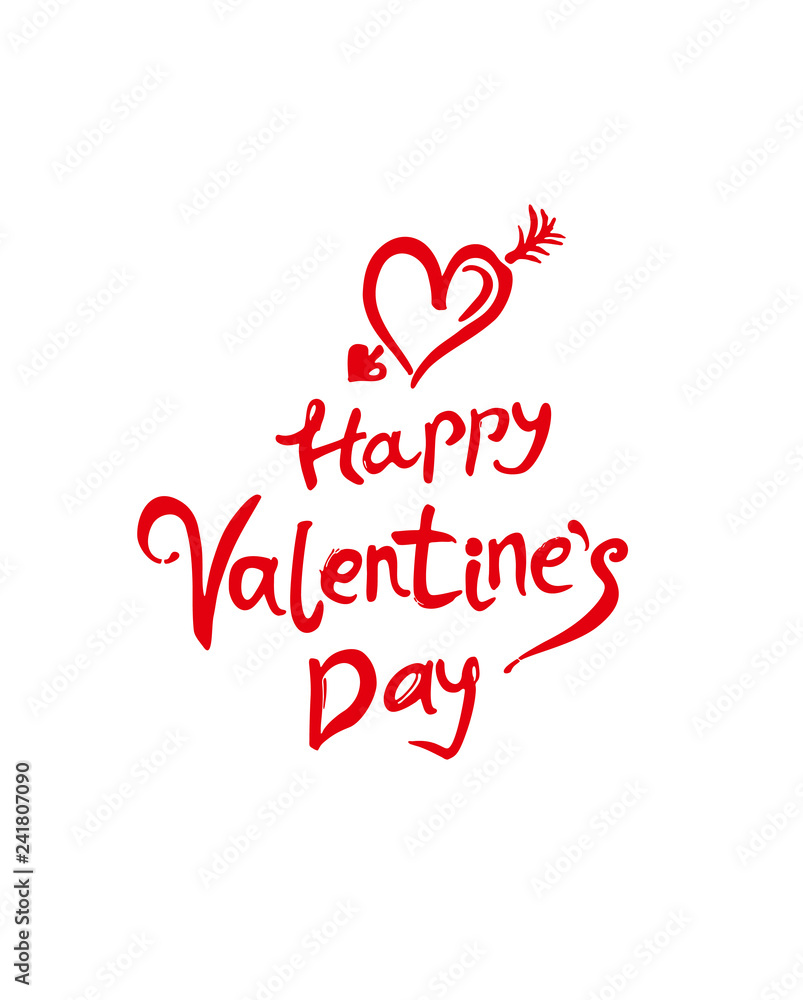 Happy Valentine's Day. Red handwritten inscription and heart arrow isolated on white. Sketch illustration for Valentine's day. Vector graphics imitation of drawing with a rough brush.
