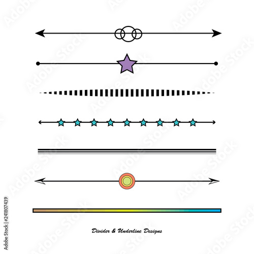 Modern design elements for underline and chaper dividers with arrows, star, circle and striped designs