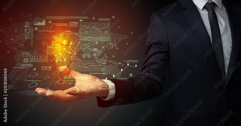 Communicational concept with businessman body and hand in background Communicational concept with businessman body and hand in background