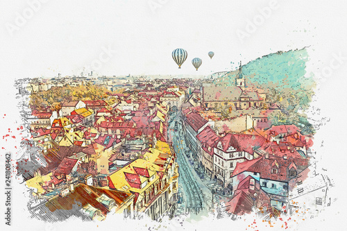 Watercolor sketch or illustration of the panoramic view of the ancient architecture of Prague. European old architecture. Panorama of the city. Hot air balloons are flying in the sky.