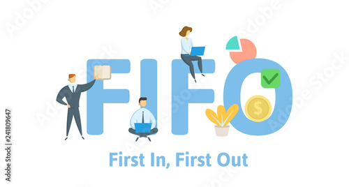 FIFO, first in, first out. Concept with keywords, letters and icons. Colored flat vector illustration. Isolated on white background.