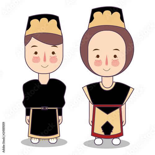 Tibet Puak Gongbu wedding couple, cute tibetan traditional clothes costume bride and groom cartoon vector illustration in asia