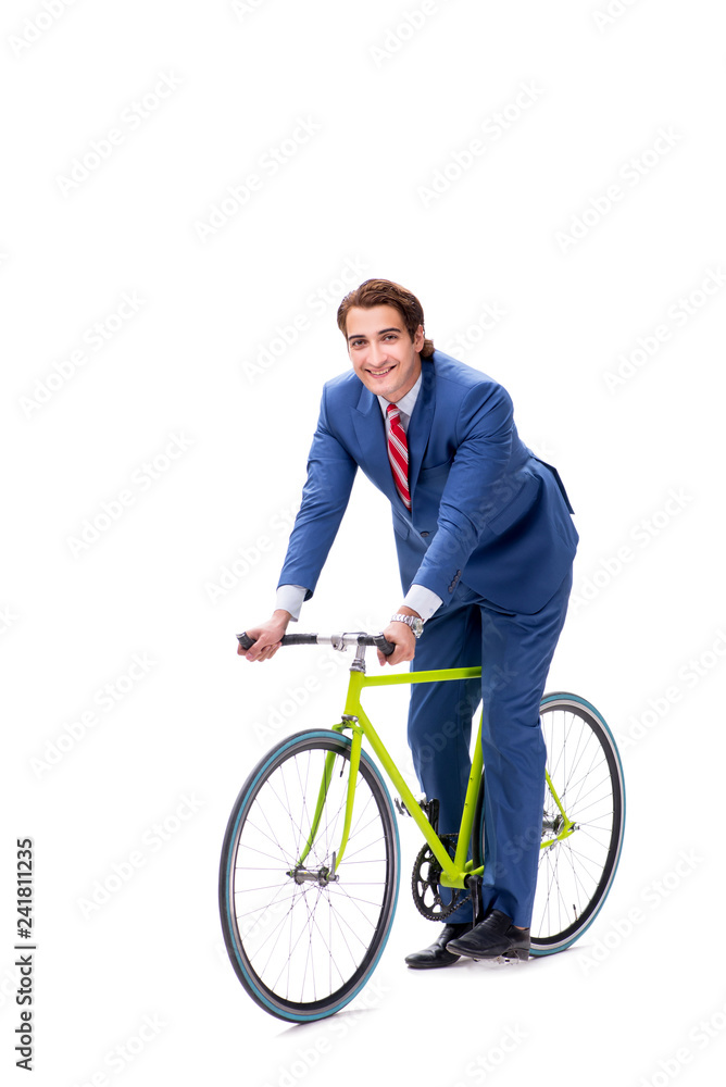 Businessman with bicycle isolated on white background Businessman with bicycle isolated on white background