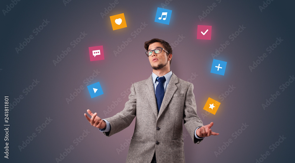 Young person juggle with application icons
Young person juggle with application icons